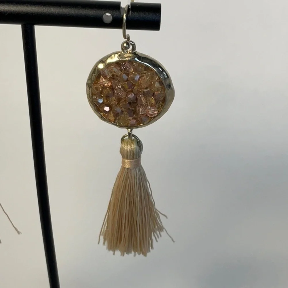 Earrings Gold Tone Disk with Tan Tassel